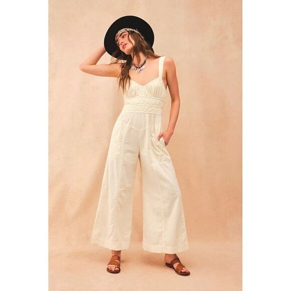 NWT FREE PEOPLE Sz L AFTER ALL RUCHED ONE PIECE JUMPSUIT IN GARDENIA - Picture 1 of 4